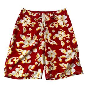 Mens Burnside Red Floral Swim Shorts ~Size 30~ Hibiscus Flowers White & Yellow